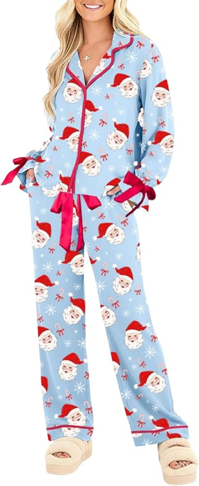 Sastianaen Satin Christmas Pajama Set for Women Silk Bow Tie Long Sleeve Shirt and Pants 2 Piece ... | Amazon (US)