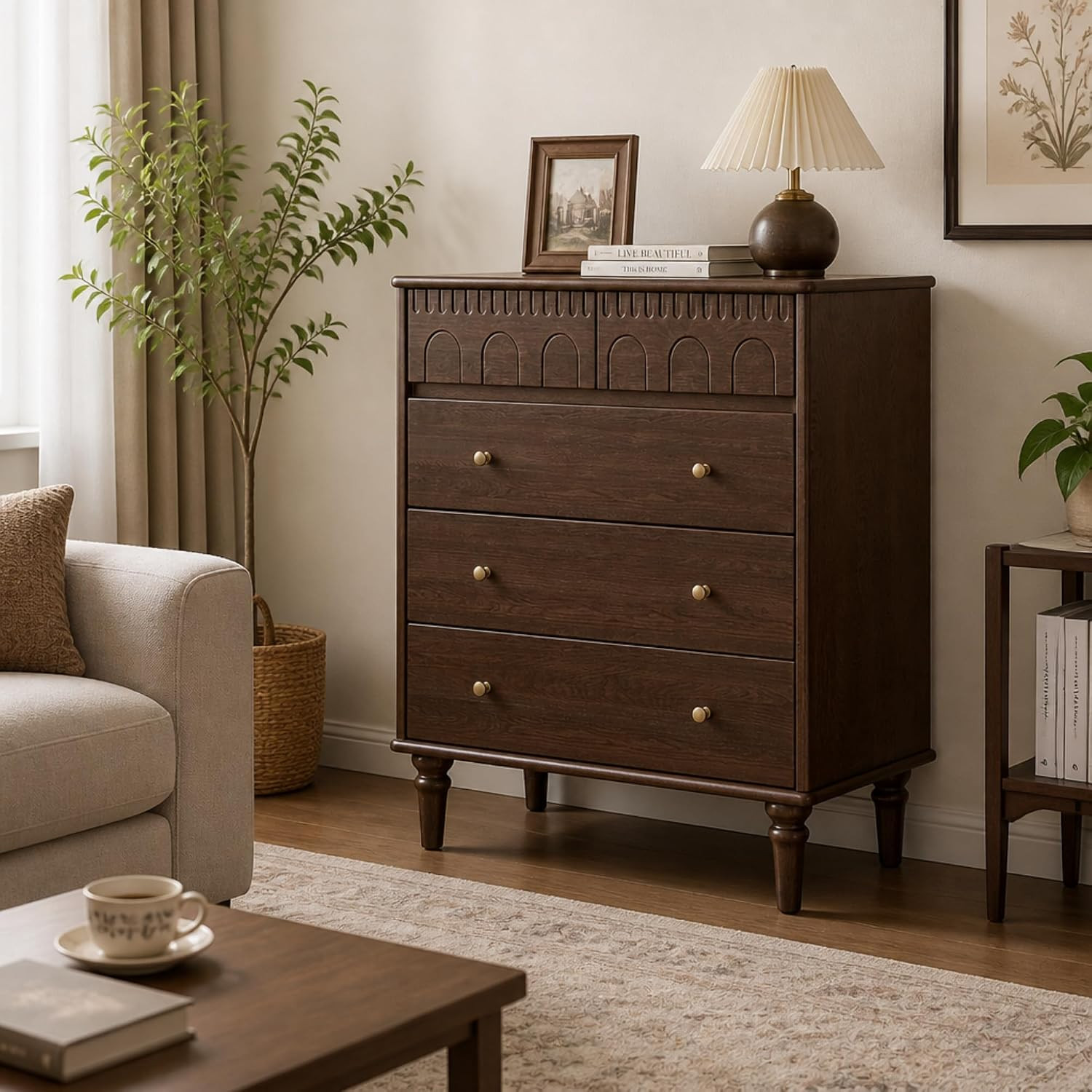 Solid Wood Nightstand, 5 Drawer Walnut Side Table, French Vintage Nightstand for Bedroom, Living Room, Hallway, Closet (Manchurian Ash, 32.8" W x 15.7" D x 37.5" H) | Amazon (US)