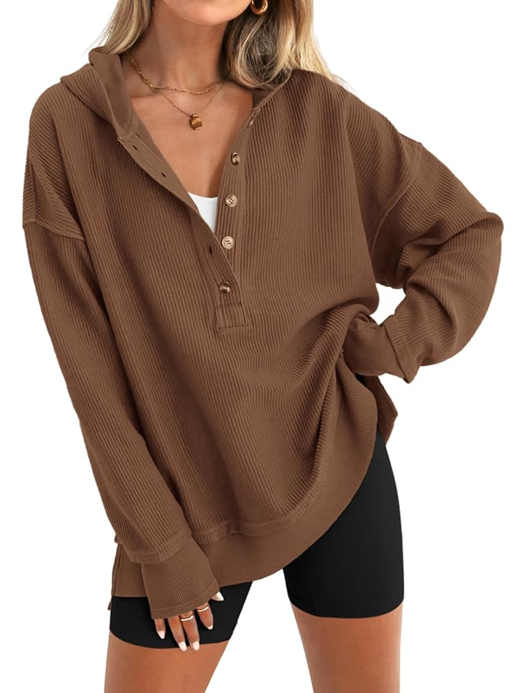PRETTYGARDEN Womens Fashion 2025 Oversized Long Sleeve Hoodie Button Down V Neck Sweatshirt Side ... | Amazon (US)