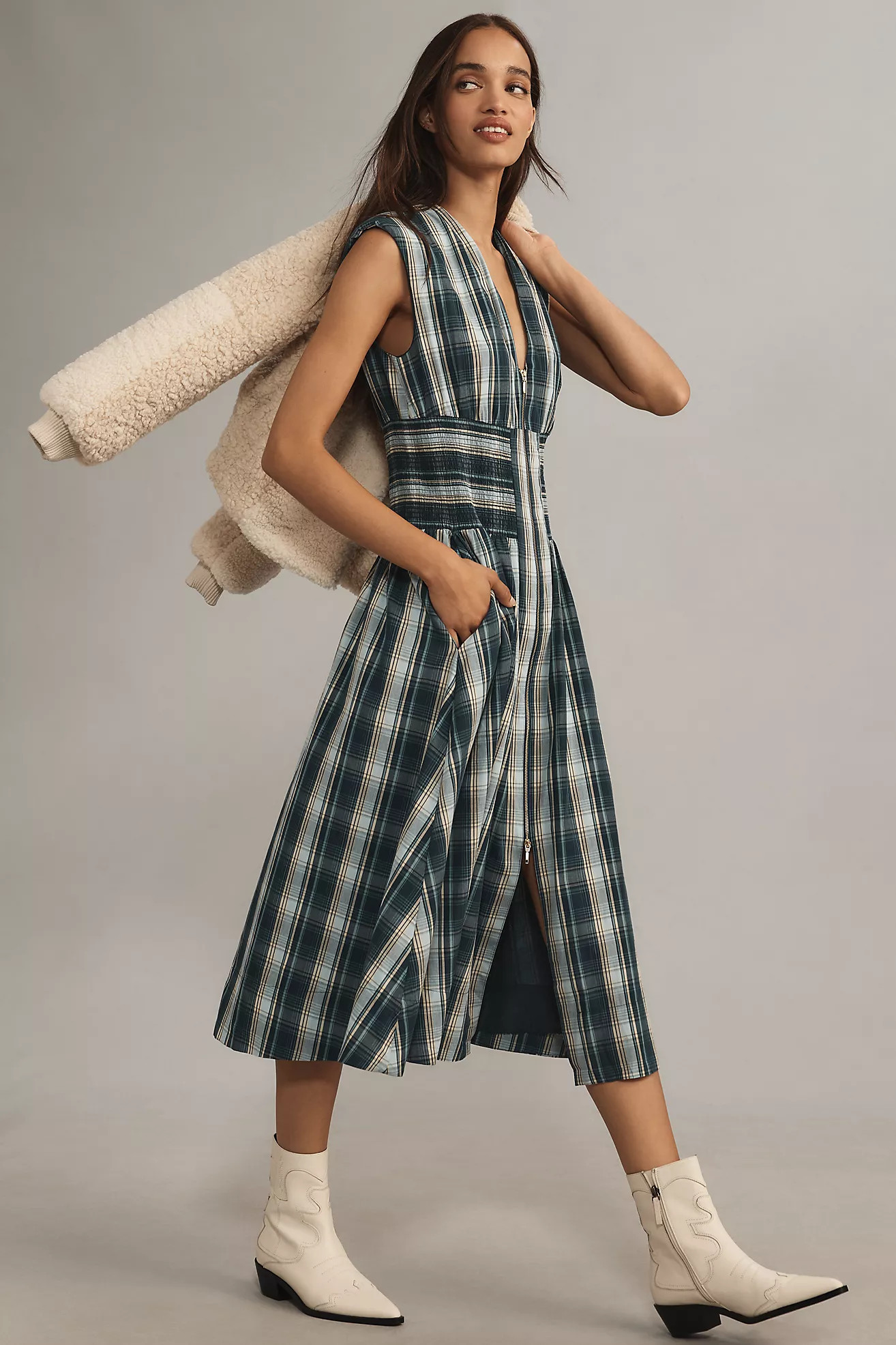 The Tommie Cap-Sleeve Smocked Front-Zip Shirt Dress | Anthropologie (US)