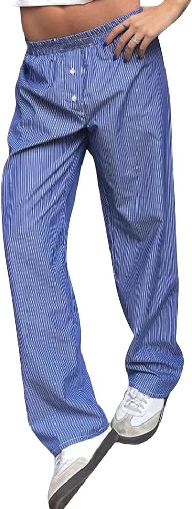 Tsultryofs Women Y2K Striped Long Pants Drawstring High Waist Wide Leg Trouser Casual Relaxed Fit... | Amazon (US)