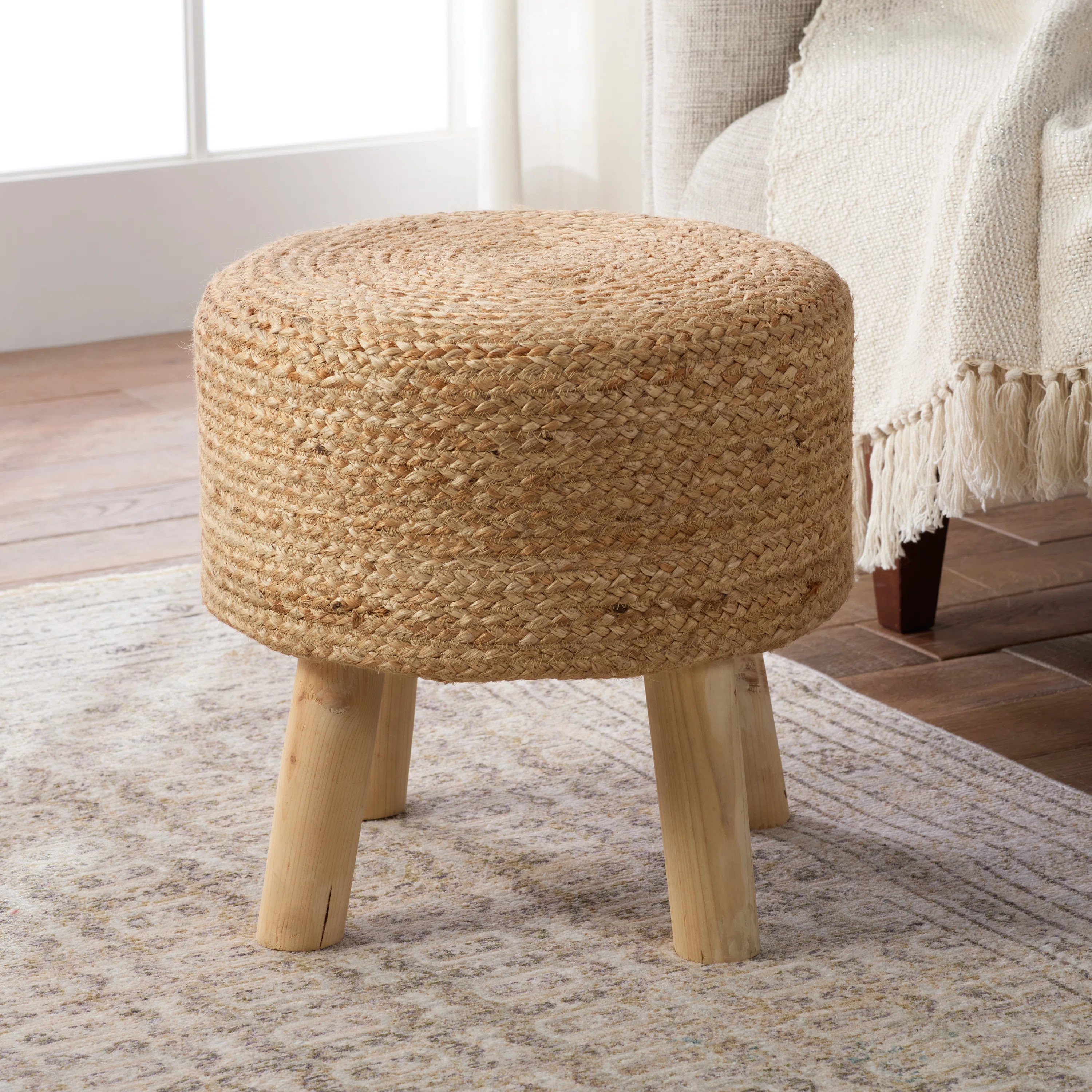 Wade Logan® Arinda 16" Wide Round 100% Braided Jute Pouf Ottoman/Foot Stool with Wood Legs by Ja... | Wayfair North America