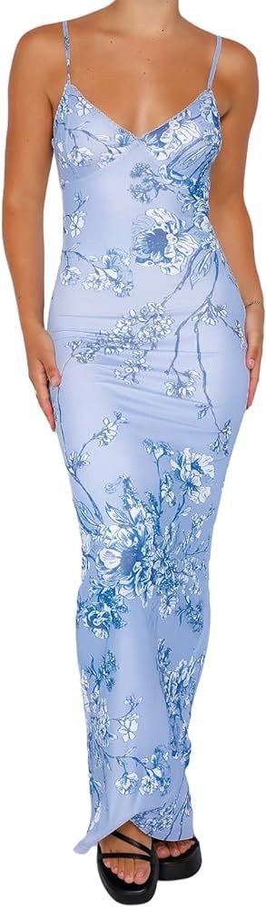 HOXIJIA Women Floral Print Spaghetti Strap Maxi Dress Backless Low Cut Summer Cocktail Prom Dress... | Amazon (US)