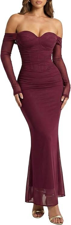 Off The Shoulder Bodycon Corset Ruched Maxi Dress Built-in Bra Long Sleeves Wedding Guest Long Dr... | Amazon (US)