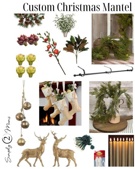 Give your mantel a custom look for less. Add floral picks to a simple garland. Faux artichokes and faux pomegranates add color naturally. Hang stockings safely and more securely by using a stocking rod. Custom stockings can be made to match your Christmas aesthetic and color scheme. Gold resin reindeer and large gold jingle bell garland add sparkle.

#LTKSeasonal #LTKHoliday #LTKhome