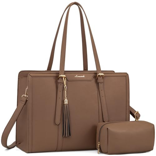 LOVEVOOK Laptop Tote for Women - 15.6 inch Lightweight PU Laptop Bag, Large Capacity Computer Bag with Clutch Purse for Business, Work, Office, Travel, Khaki | Amazon (US)