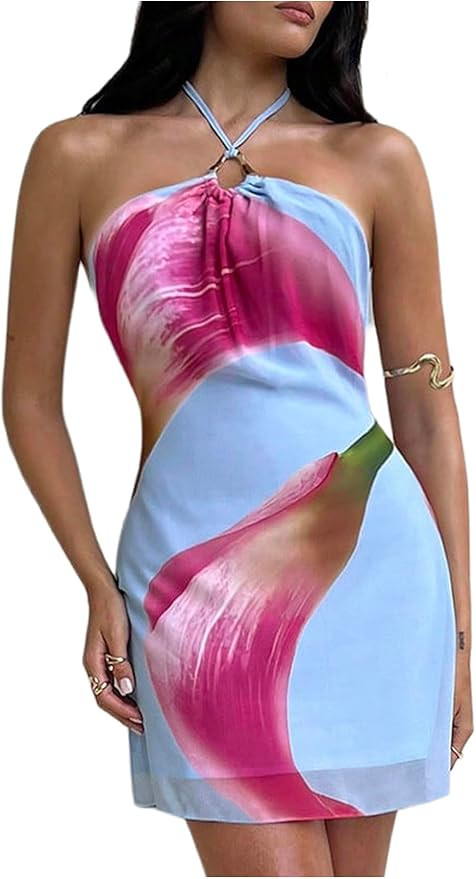 MakeMeChic Women's Floral Halter Backless Cocktail Dress Ring Sleeveless Fall Mini Dresses | Amazon (US)