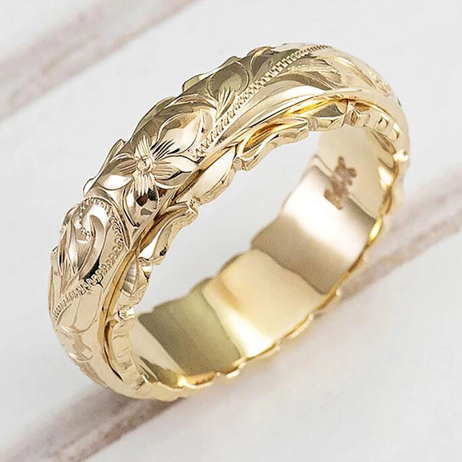 SDJMa 14k Solid Gold Ring | 14k Yellow Gold Carved Rose Flower Pattern Stackable Rings for Women ... | Walmart (US)