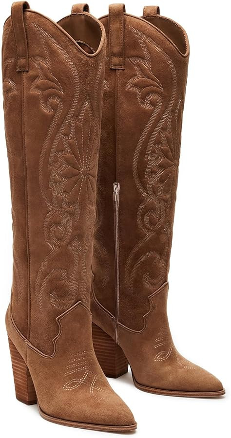 VOMIRA Knee High Cowboy Boots for Women Pointed Toe Chunky High Heels Pull-on Embroidered Boots W... | Amazon (US)