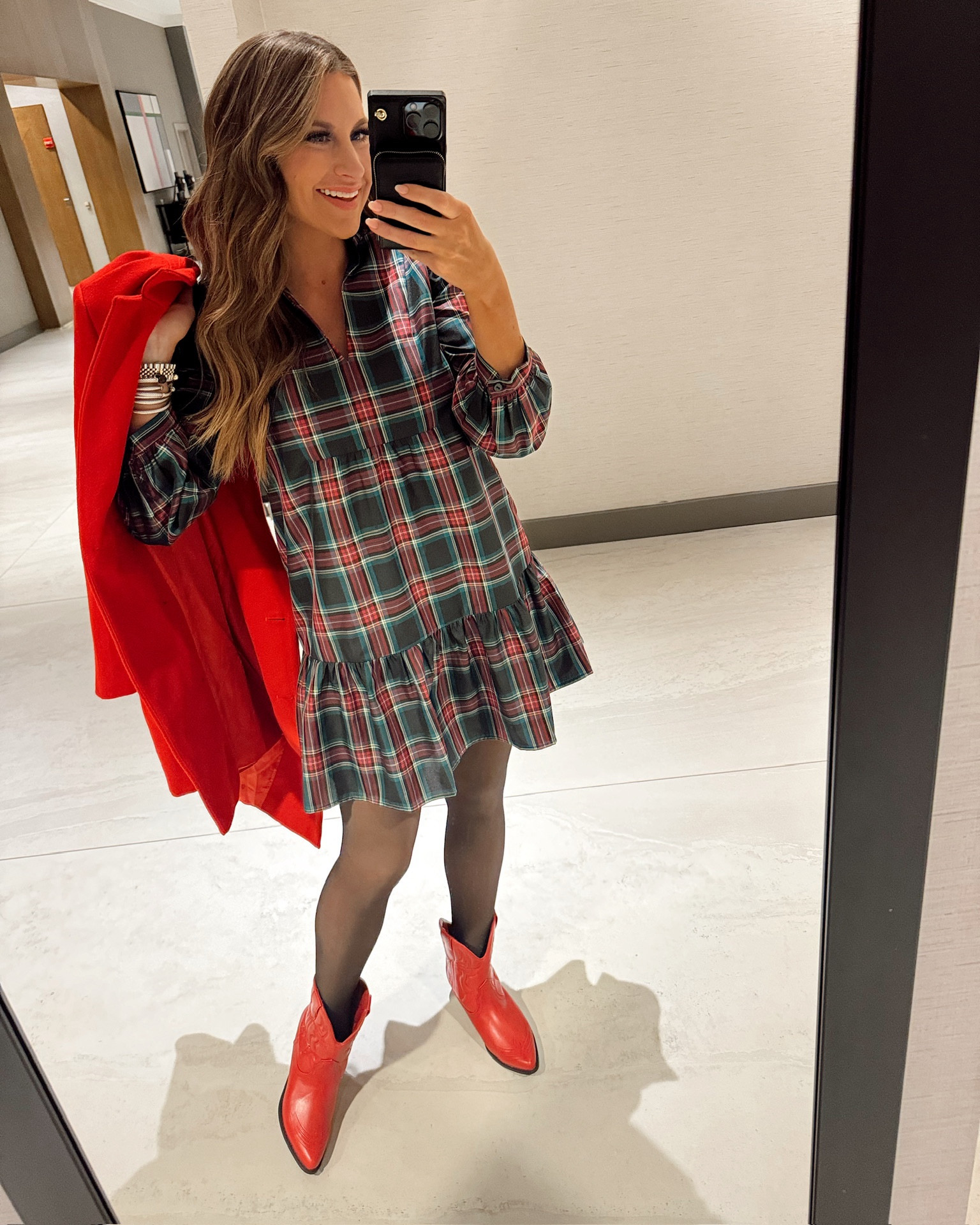 In a small red and green plaid shirt dress, red coat, red boots and accessories for holiday/winter outfit - all fits TTS.

#LTKstyletip #LTKHoliday #LTKSeasonal