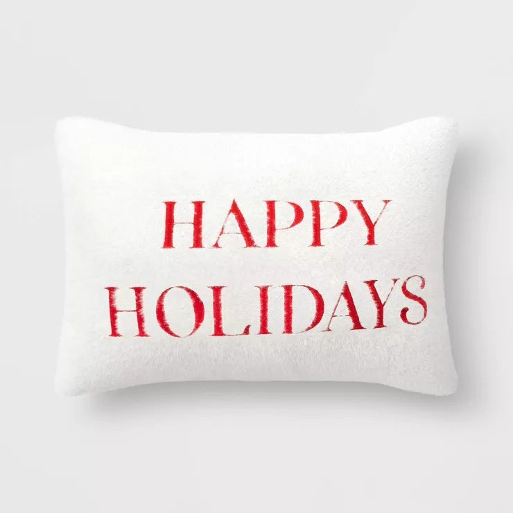 'Happy Holidays' Faux Fur Lumbar Christmas Throw Pillow White - Threshold™ | Target