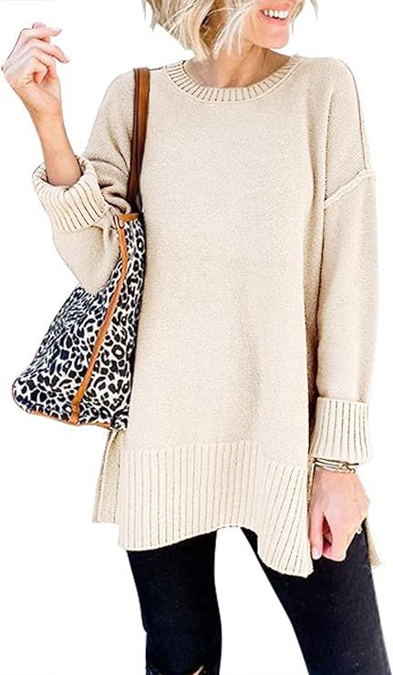 MEROKEETY Women's Casual Crew Neck Side Split Pullover Sweater Loose Long Sleeve Jumper Top | Amazon (US)