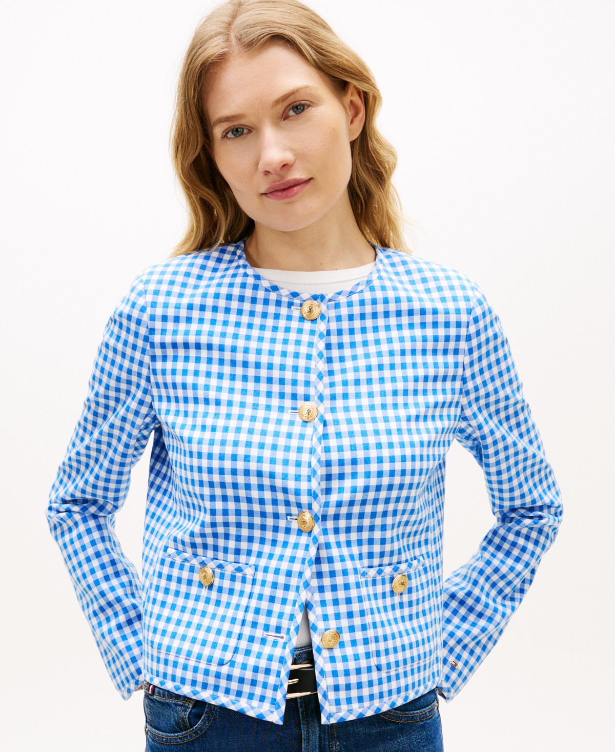 Tommy Hilfiger Women's Gingham Crewneck Lady Jacket - Blue | Macy's