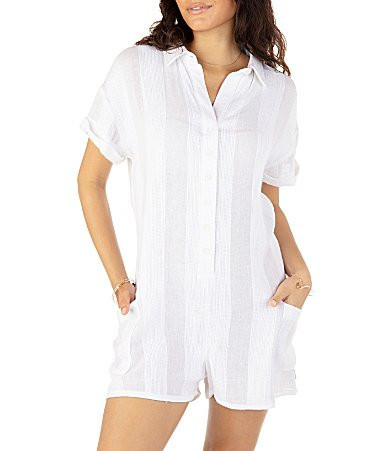 Hurley Stripe Gauze Point Collar Short Sleeve Button Front Swim Cover-Up Romper - XS | Dillard's