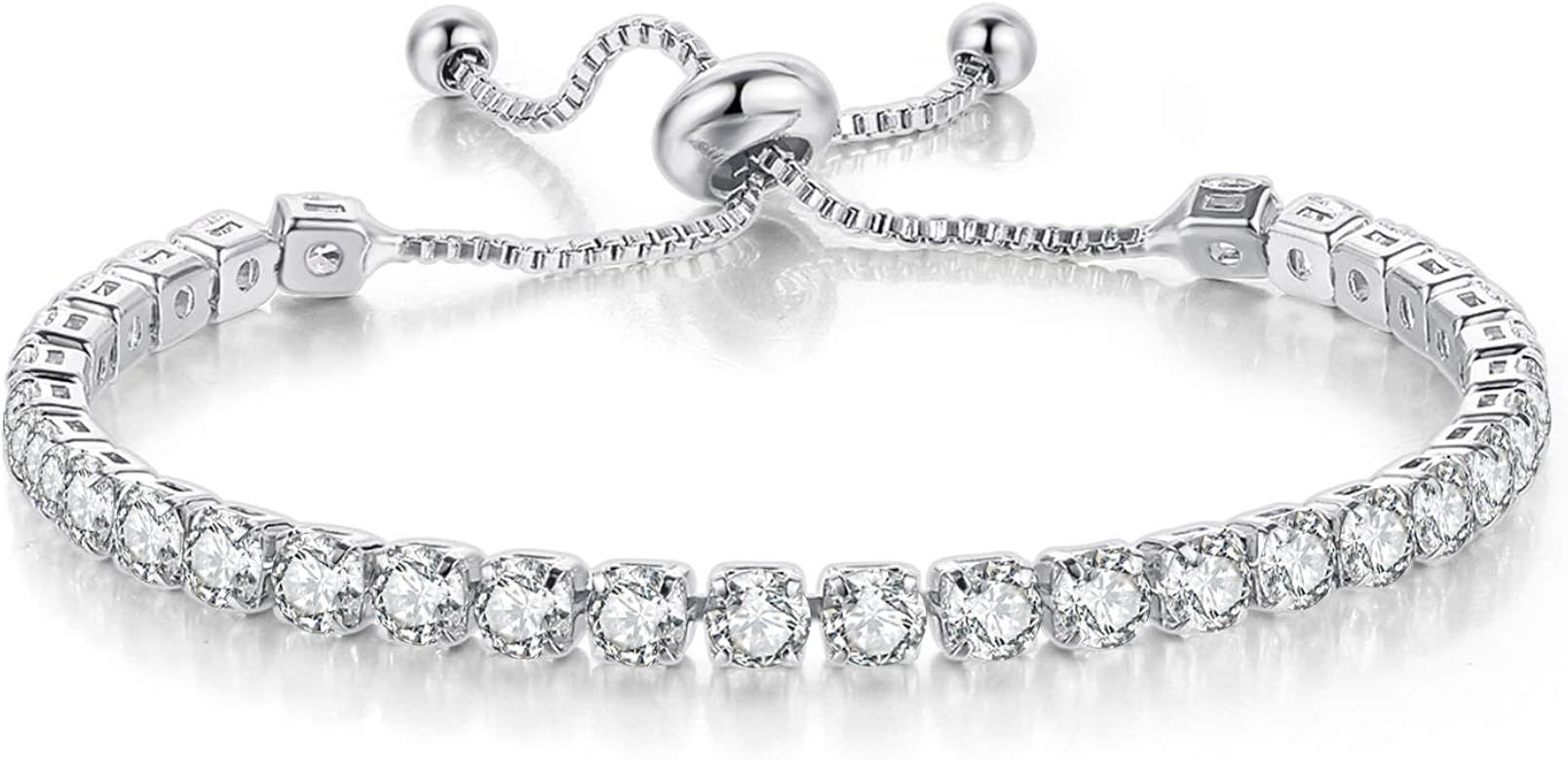 Tennis Bracelets for Women White Gold Plated Diamond AAA+ Cubic Zirconia CZ Dainty Classic Adjustabl | Amazon (US)