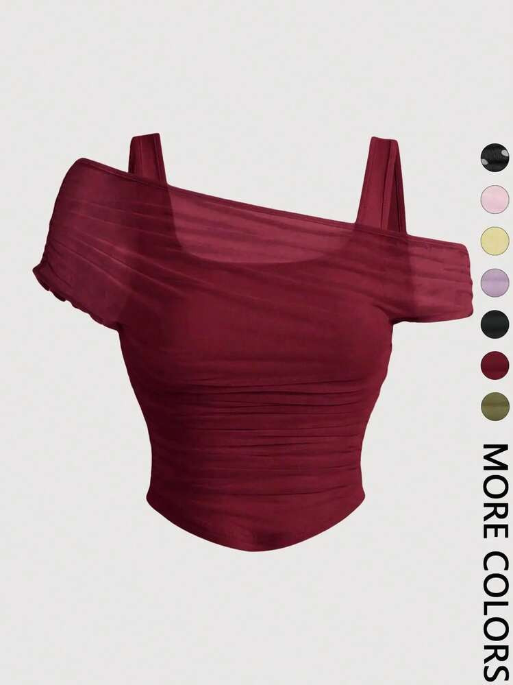 LocalWomen's Asymmetric Neckline Ruched Crop Top, Sexy Mesh Going Out Top For Club & Date Night | SHEIN