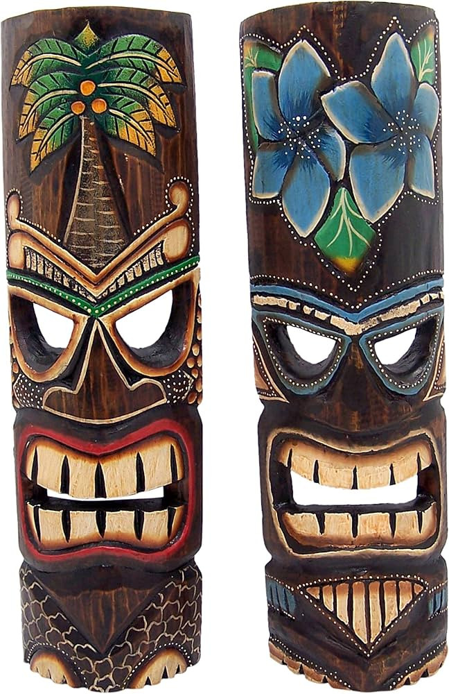 Wowser Hand Crafted Polynesian Hawaiian Style Floral Painted Tiki Masks, Wall D\u00e9cor, Set of ... | Amazon (US)