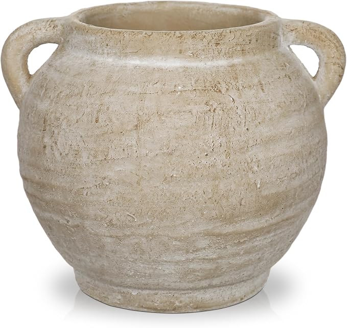 Briful Rustic Farmhouse Vase with Handles, 7.4" Ceramic Vases for Tabletop | Beige Pottery Distre... | Amazon (US)