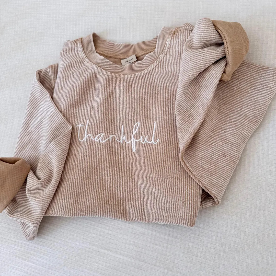 Embroidered Thanksgiving Corded Sweatshirt, Varsity Crewneck, Thankful Waffle Knit Crewneck - Ets... | Etsy (US)