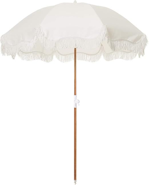 Business & Pleasure Co. Holiday Umbrella - Boho Beach Umbrella with White Fringe - UPF 50+ - Prem... | Amazon (US)