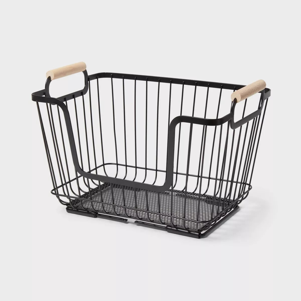 Metal Stackable Wire Pantry Basket with Rubber Wood Handle Black - Brightroom™: Kitchen Storage... | Target