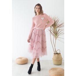 Scalloped Ribbon Shimmer Dot Mesh Skirt in Pink | Chicwish