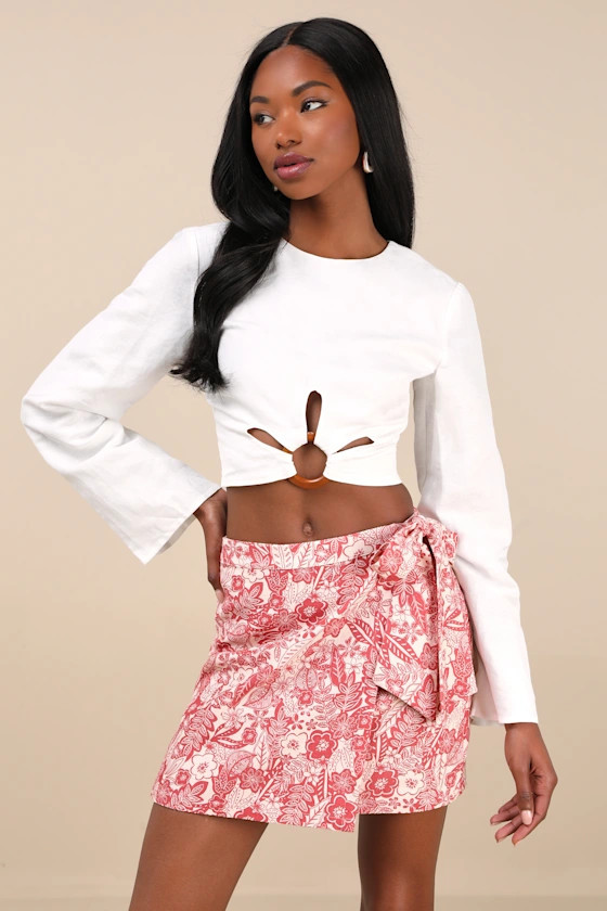 Kieu Red Floral Print Faux-Wrap Mini Skirt | Lulus