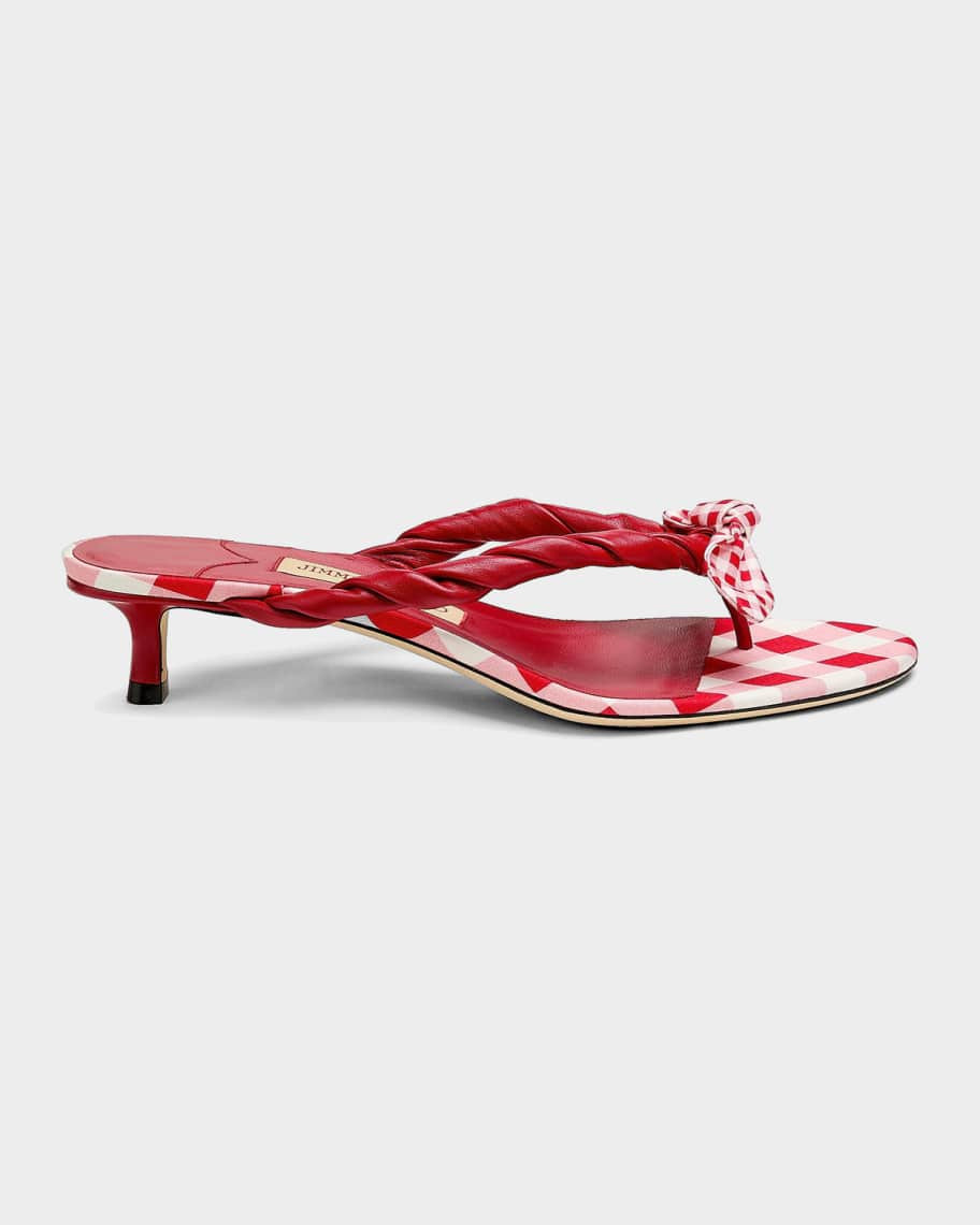 Jimmy Choo 35mm Liss Leather and Gingham Bow Kitten-Heel Sandals | Neiman Marcus