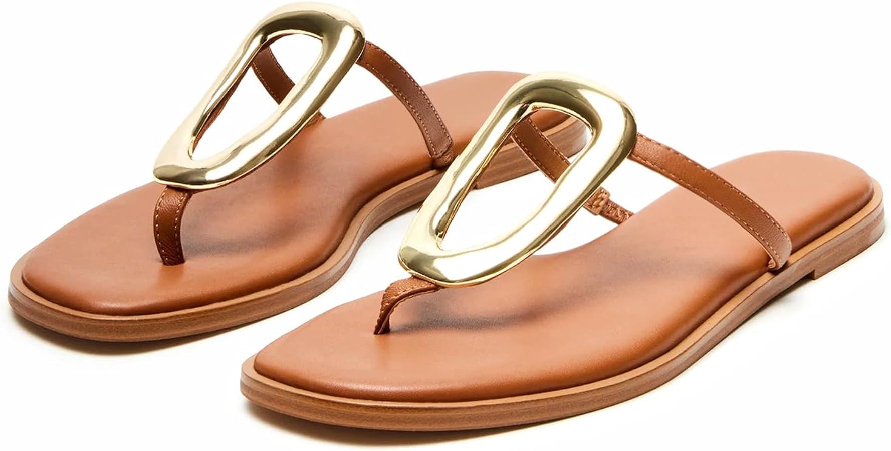 Flip-Flops for Women Flat Sandals Slip On Slides Leather Beach Comfort Open Square Toe Ladies Sli... | Amazon (US)