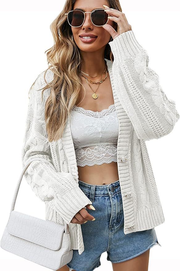 Angashion Women's V Neck Button Down Long Sleeve Cable Knit Cardigan Sweaters Outerwear Tops | Amazon (US)