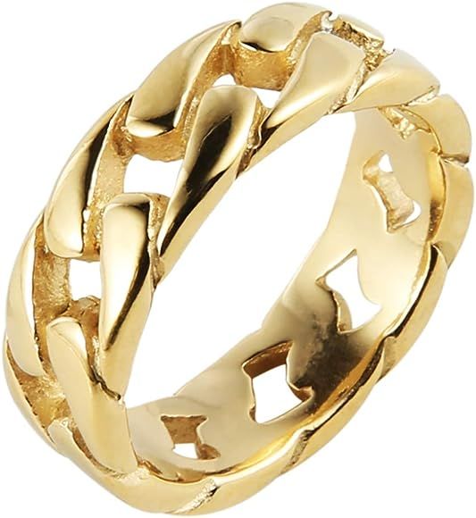 Mens Stainless Steel 7mm Wide Band Cuban Link Chain Ring, Silver Gold Black | Amazon (US)