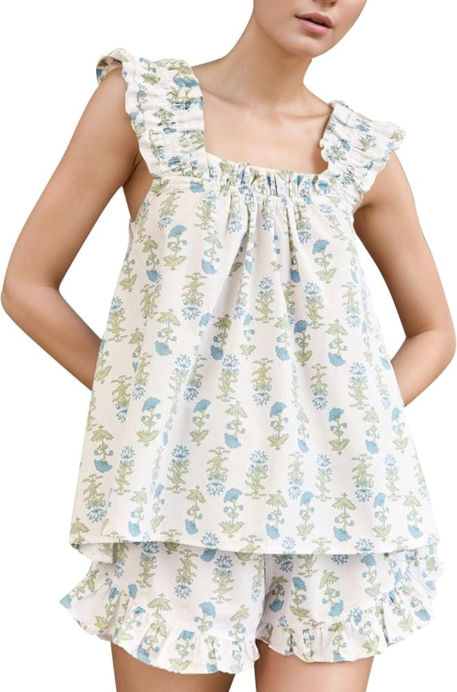 Kissonic Womens Ruffle Pajamas Set 2 Piece Summer PJs for Women Floral Pajama Ruffle Trim Cami To... | Amazon (US)