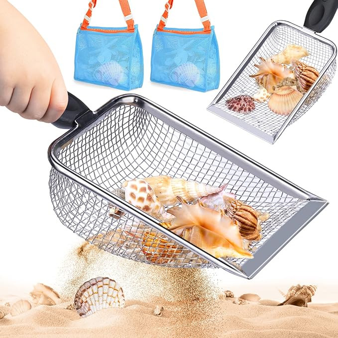 2 PCS Beach Mesh Shovel with 2 PCS Mesh Beach Bag for Filter Sand, Kids Shell Collecting Scooper ... | Amazon (US)