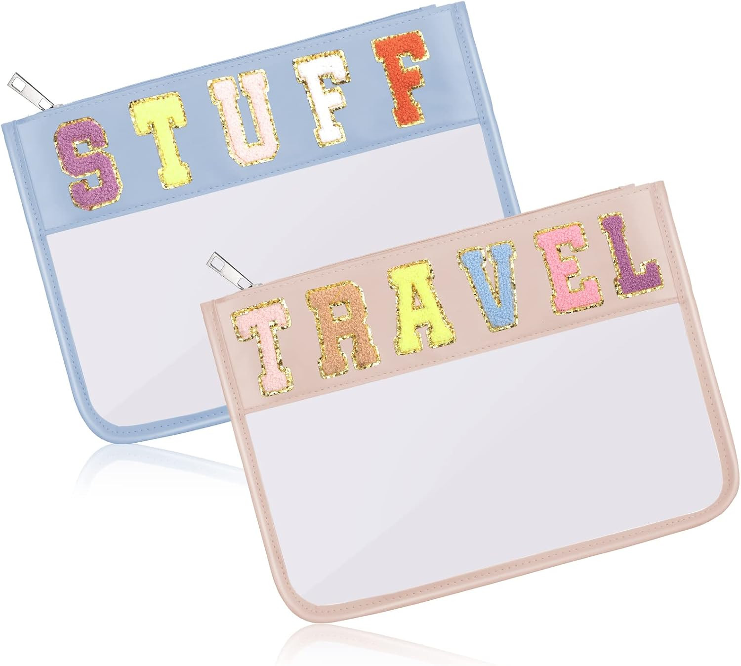 2 Pcs Chenille Letter Travel Pouch Preppy Patch Cosmetic Toiletry Bag Chenille Letter Clear Zipper P | Amazon (US)