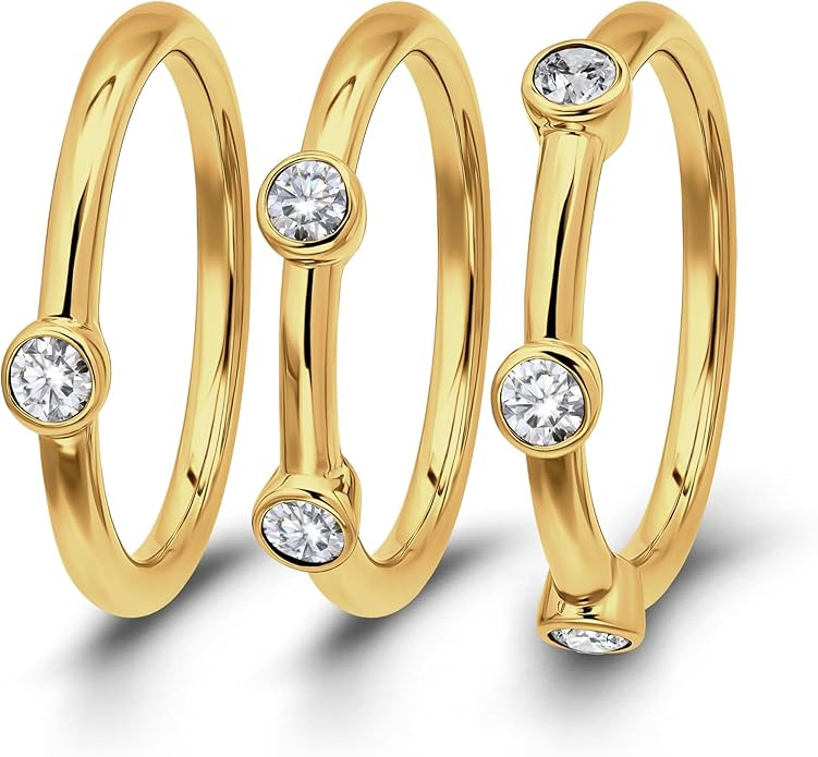 Hoops & Loops Sterling Silver Cubic Zirconia Set of 3 Stackable Bezel-Set Band Rings | Amazon (US)