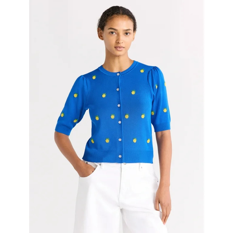 Free Assembly Women's Beaded Cardigan Sweater with Puff Sleeves, Lightweight, Size XS-XXL | Walmart (US)