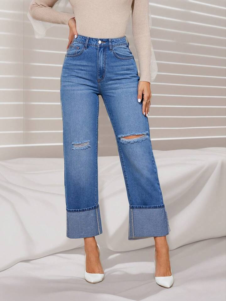 SHEIN Privé Women's Straight-leg Distressed Jeans | SHEIN