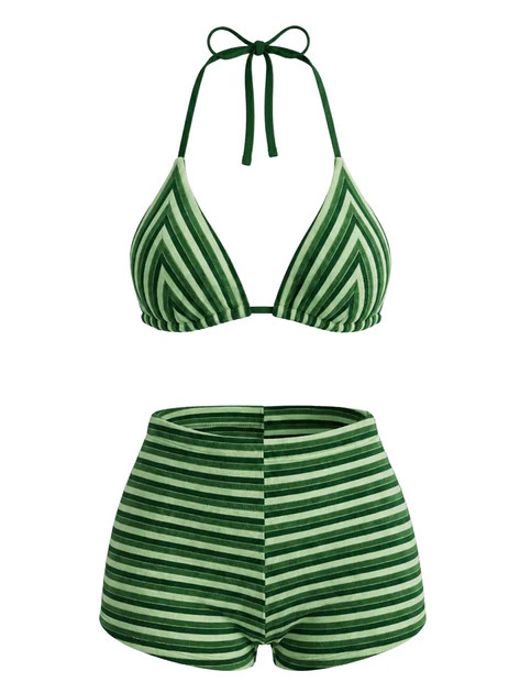 [Pre-Sale] Green 1950s Striped Terry Halter Bikini Set | Retro Stage