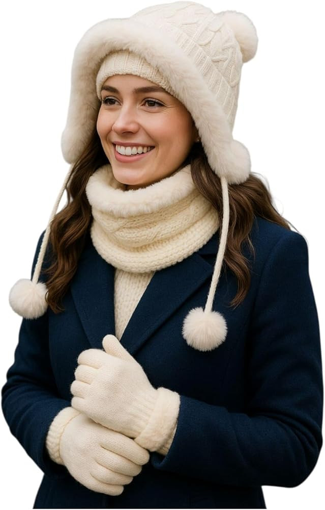 WARMIKUNA Winter Accessories Set for Women - Cream White Knitted Hat with Faux Fur Pom Poms, Infi... | Amazon (US)