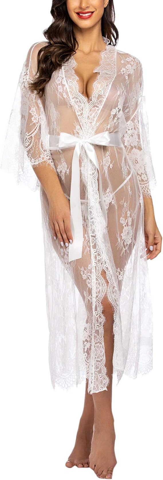 Avidlove Women Sexy Long Lace Lingerie Kimono Robe Sheer Babydoll Nightgown Nightdress | Amazon (US)