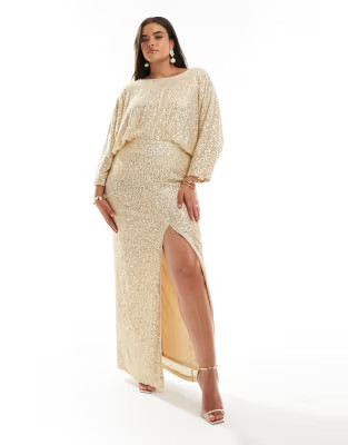 TFNC Plus sequin kimono top maxi dress in gold | ASOS (Global)