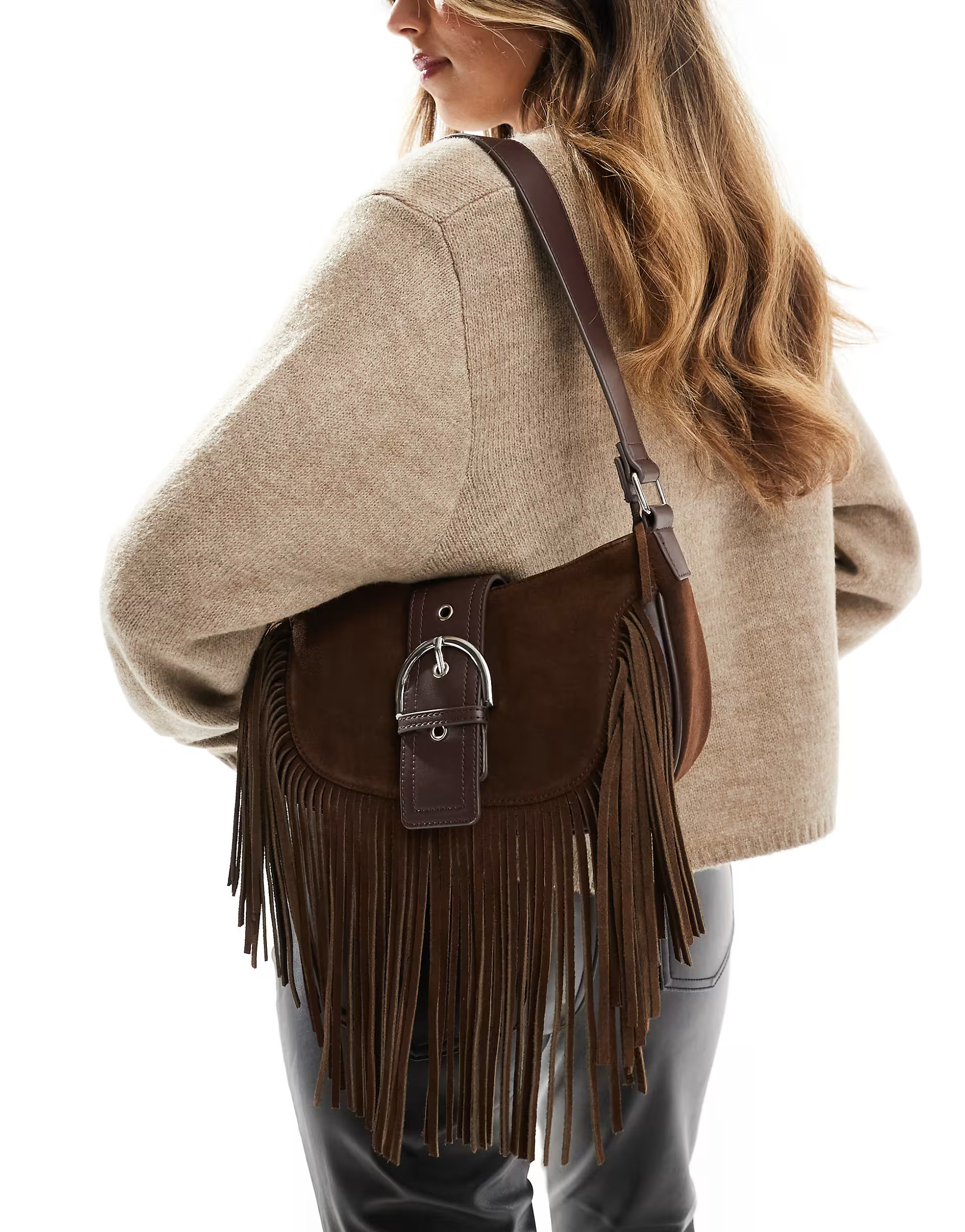ASOS DESIGN suede tassel shoulder bag with buckle detail in chocolate | ASOS (Global)