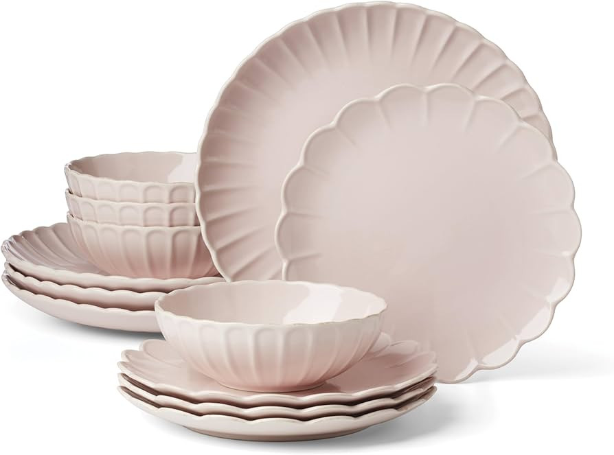 Lenox Dinnerware Set, French Perle Scallop Blush 12-Piece Set, Service For 4, Stoneware, Dishwash... | Amazon (US)