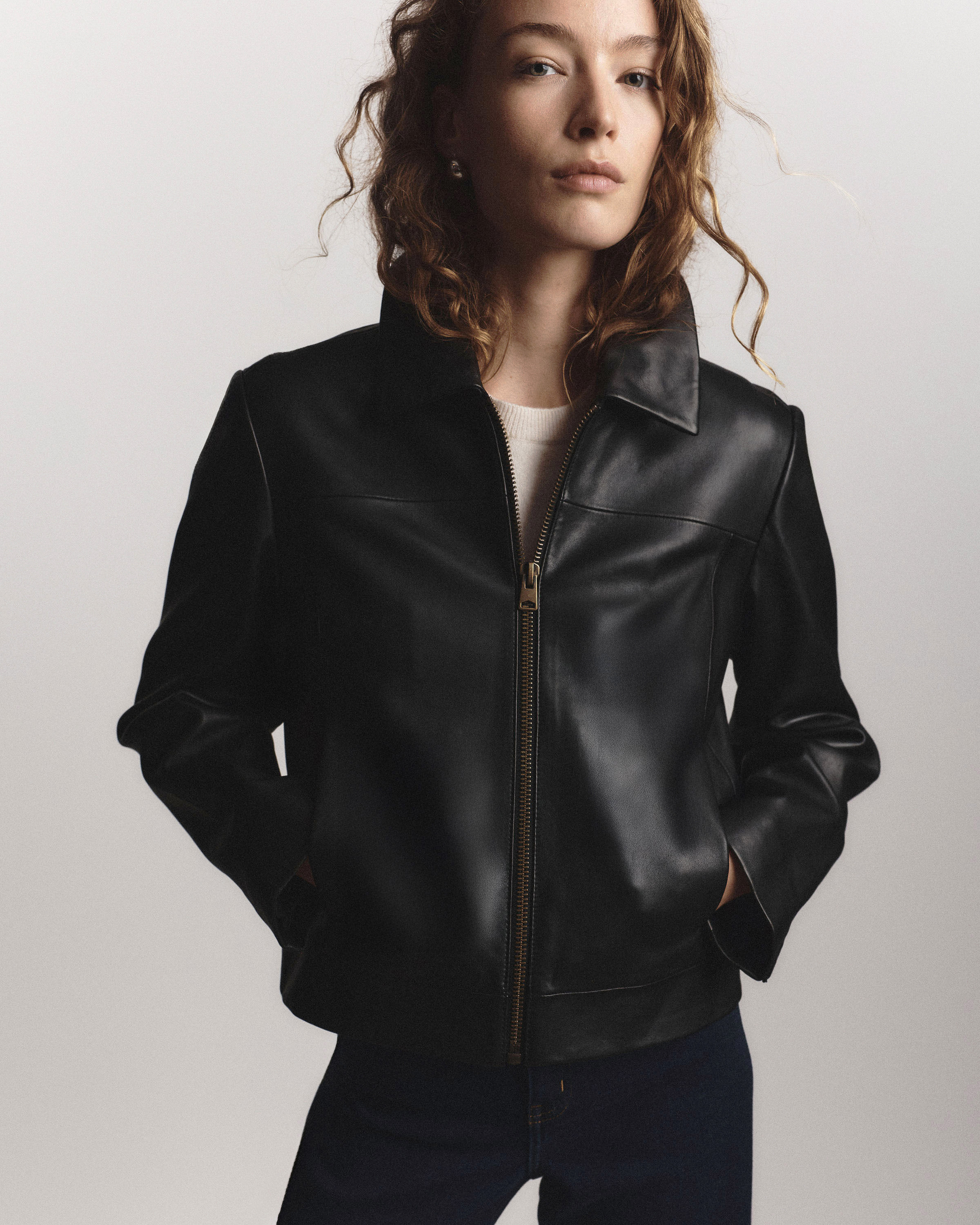 Quince | Women's Cropped Zip-Front Jacket in Black, Size XS, Leather | Quince