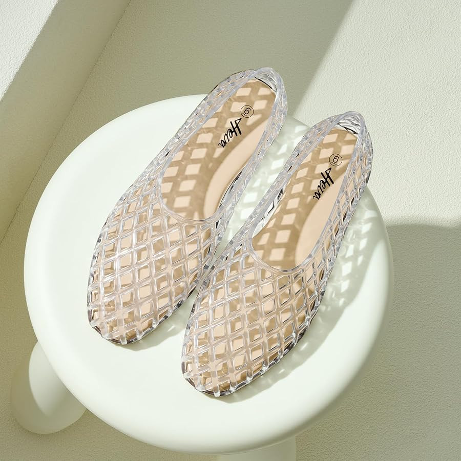 HEVA Women's Jelly Mesh Flats Breathable Clear Hollow Shoes Summer Beach Jellies Ballet Sandals | Amazon (US)