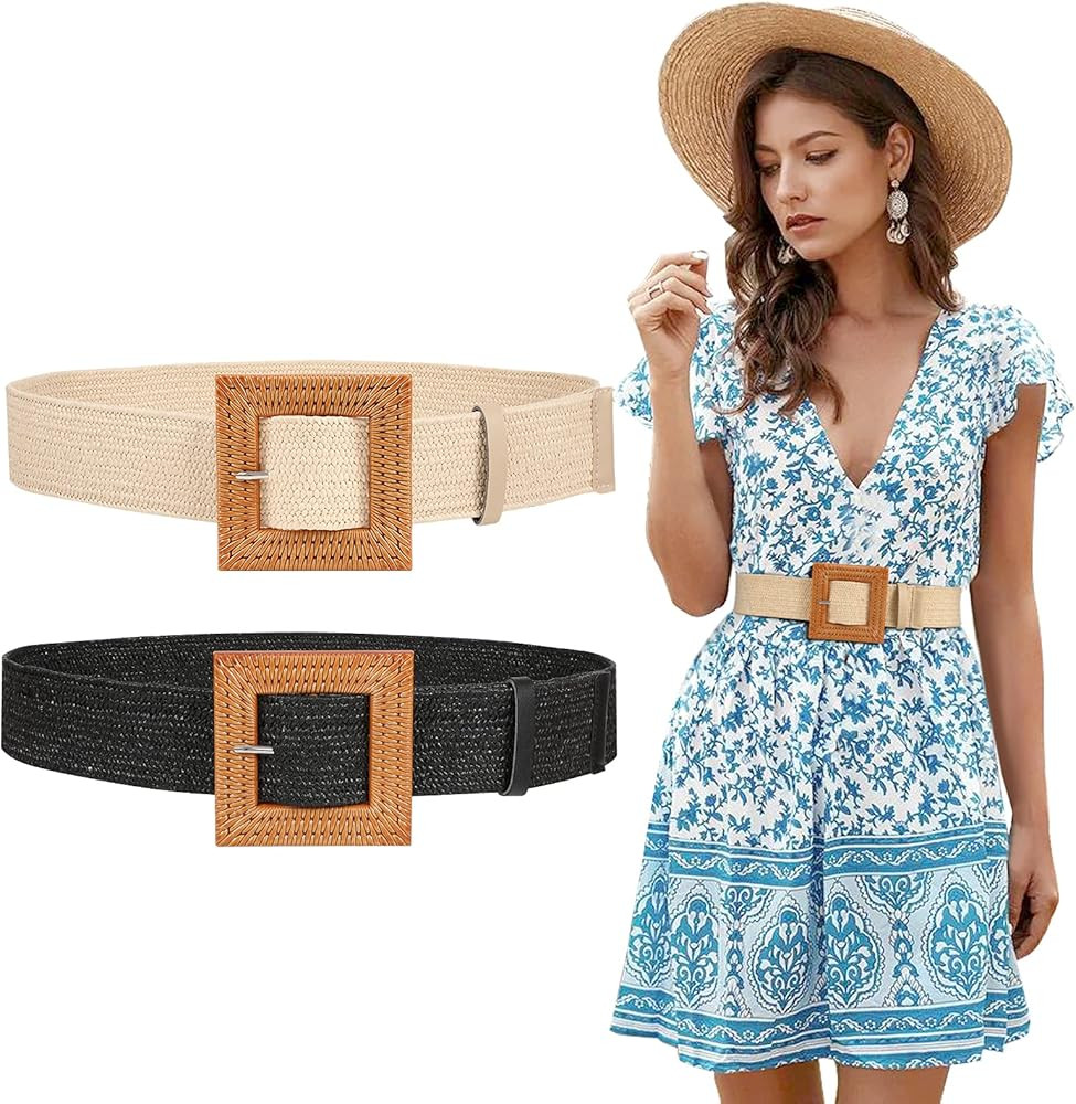 JASGOOD Straw Woven Elastic Stretch Belt for Women, Fashion Skinny Dress Boho Belt with Wooden St... | Amazon (US)