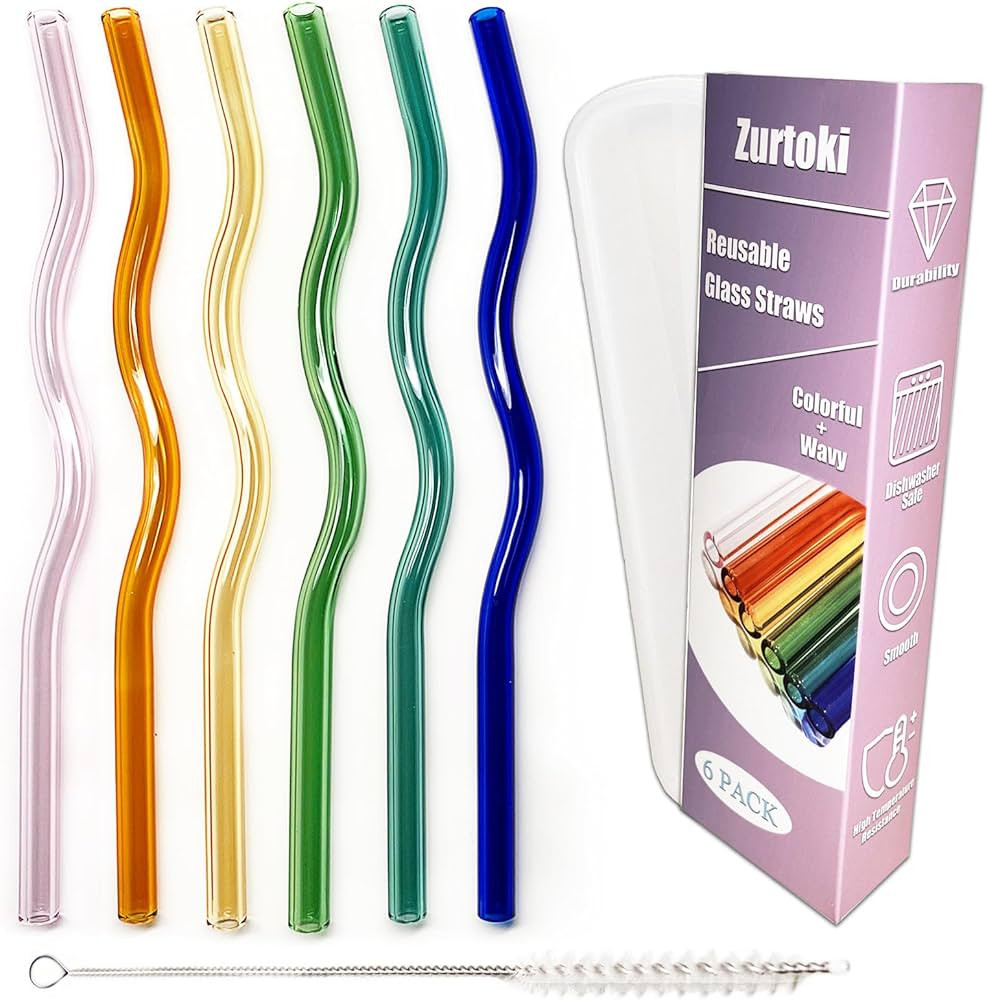 6 PCS Colorful Wavy Glass Straws,7.87"x 8 MM Cute Reusable Glass Straws Make of High Borosilicate... | Amazon (US)