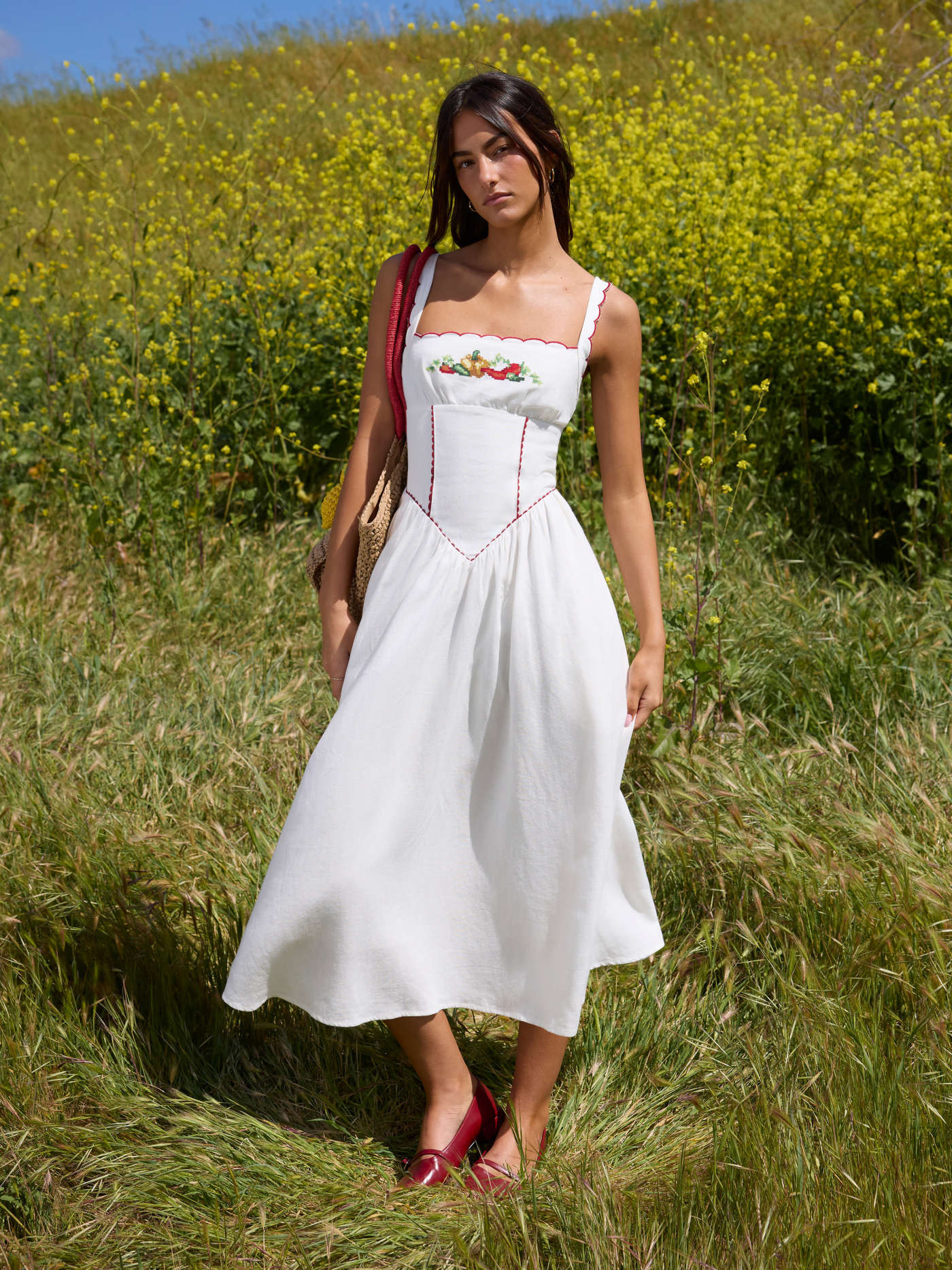 Linen-blend Linen-blend Square Neck Fruit Embroidery Flared Maxi Dress For Daily Casual Vacation | Cider