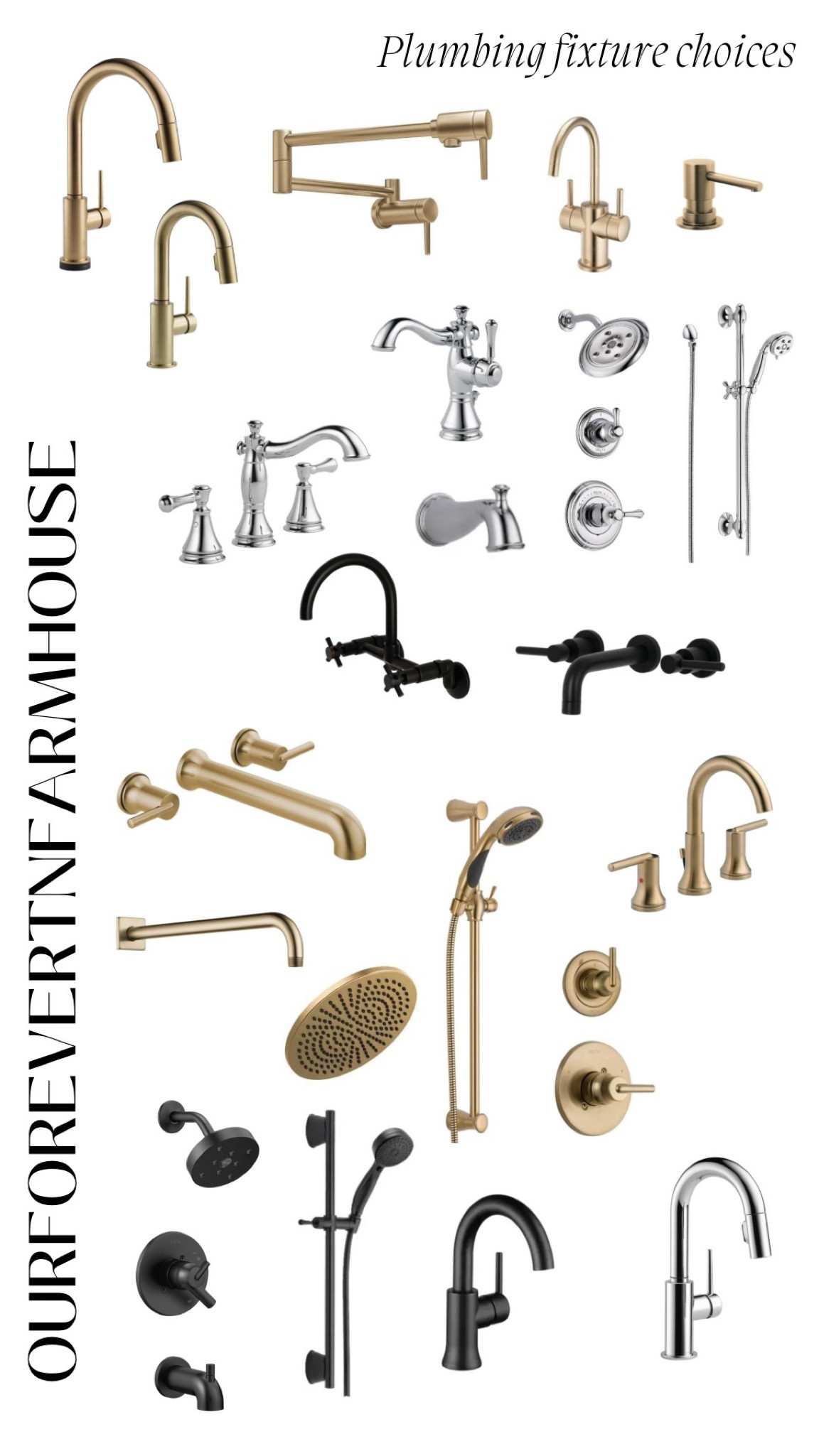 All the plumbing fixtures we chose for our home.  We went with a mix of metals (brushed brass, shiny chrome, and matte black).  Kept most faucets the same modern feel but added a few softer, romantic styles. 

#LTKhome