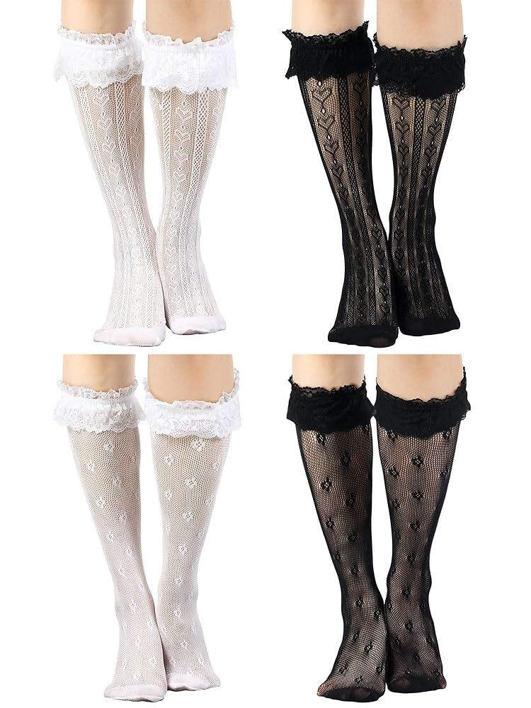 Geyoga 4 Pairs Women's Lace Socks Fishnet Mesh Knee High Stockings Lace Ankle High Socks for Wome... | Amazon (US)